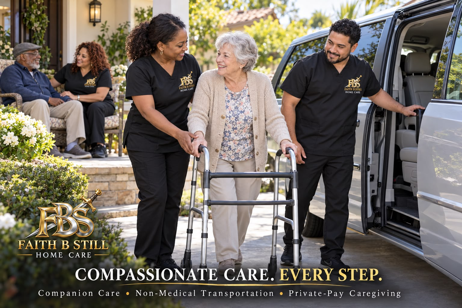 Caregivers helping a senior with a walker into a transport van