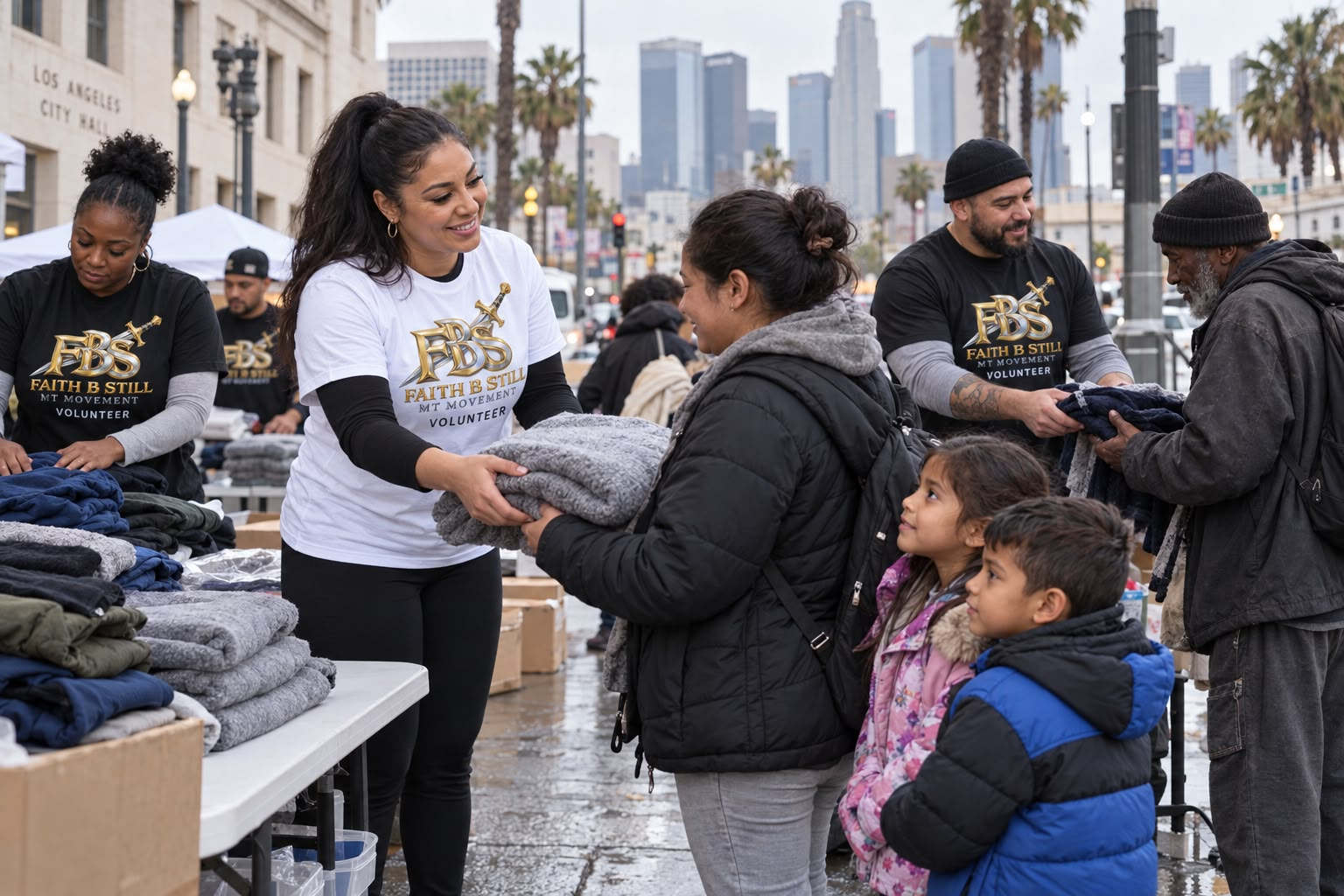 Volunteers handing out warm clothing to a family